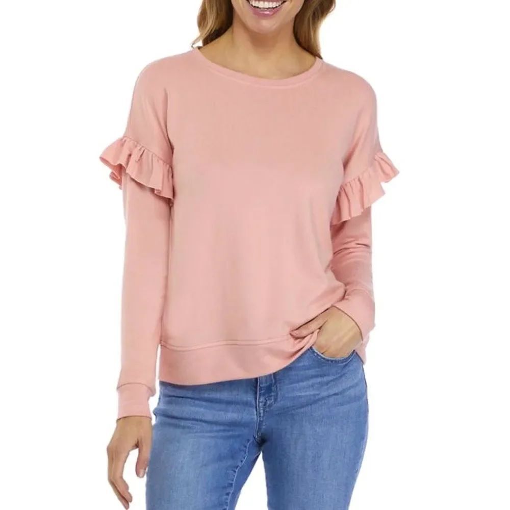 Derek Heart Light Pink Blush Rose Ruffle Long Sleeve Pullover Sweater